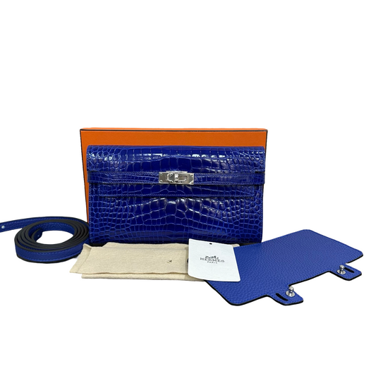 HERMÈS Kelly Wallet – Shiny Blue Porosus Crocodile Leather with Shoulder Strap