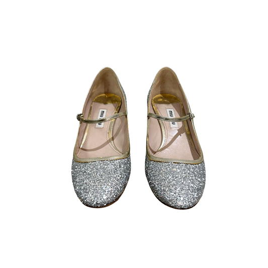 MIU MIU Silver Sequin Mary Jane Block Heel Shoes – Size 3