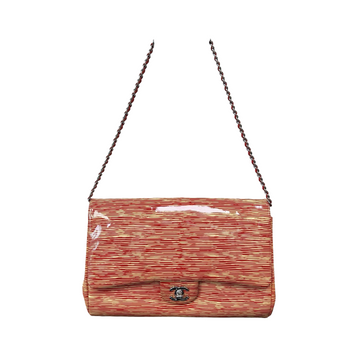 CHANEL Patent Leather Silver-Tone Striped Flap Shoulder Bag