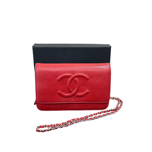 CHANEL Red Caviar Leather Double CC Logo WOC – Silver-Tone Hardware, 98% New