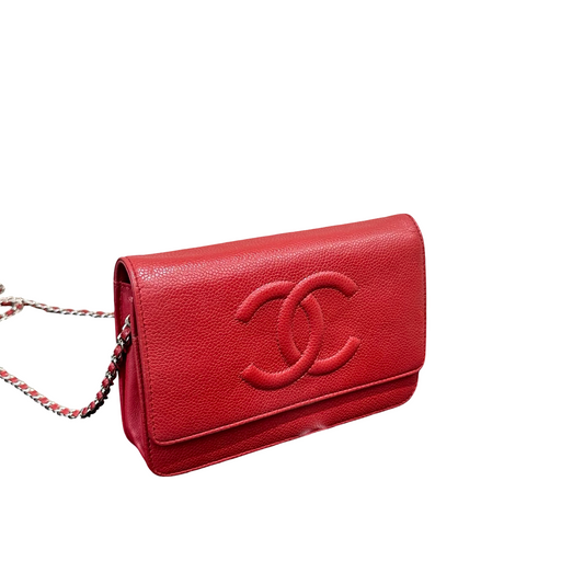 CHANEL Red Caviar Leather Double CC Logo WOC – Silver-Tone Hardware, 98% New