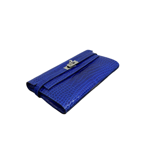 HERMÈS Kelly Wallet – Shiny Blue Porosus Crocodile Leather with Shoulder Strap