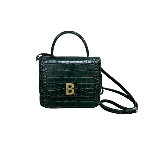 Balenciaga Green & Gold B Bag Croc-Embossed Top Handle Bag | 98% New | Authentic Luxury