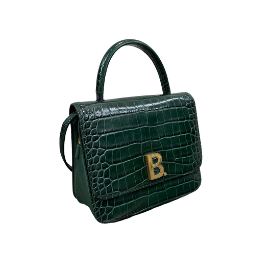 Balenciaga Green & Gold B Bag Croc-Embossed Top Handle Bag | 98% New | Authentic Luxury