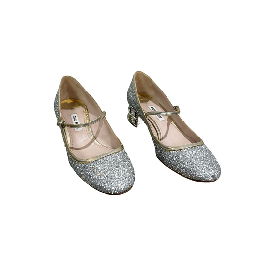 MIU MIU Silver Sequin Mary Jane Block Heel Shoes – Size 3