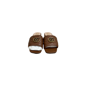 GUCCI Antique Brown Gold Double G Logo Mules