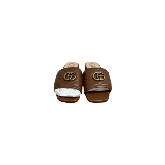 GUCCI Antique Brown Gold Double G Logo Mules